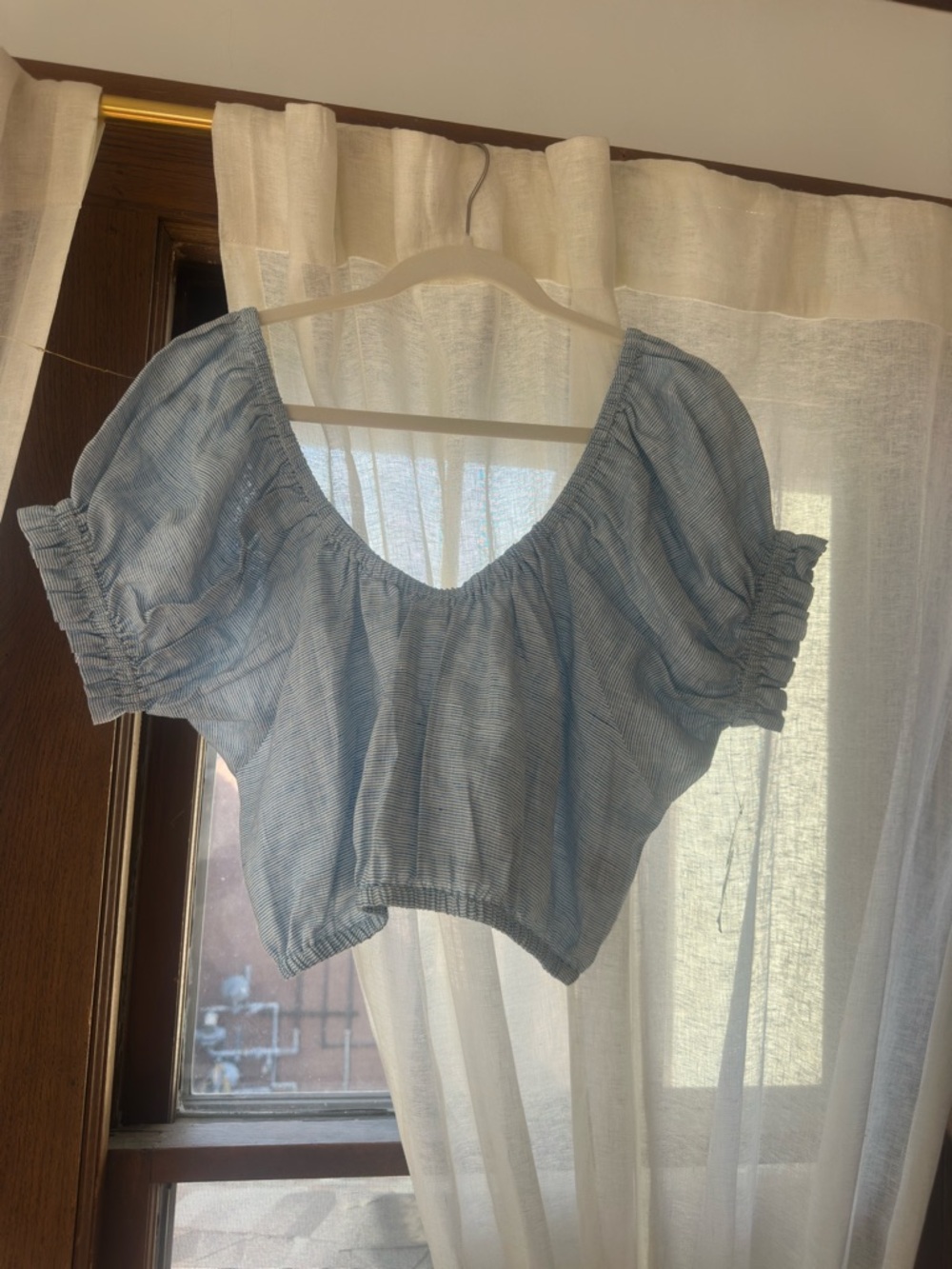 Mara Hoffman Light Blue Striped Puff-Sleeve Crop Top - Picture 2 of 2